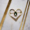 VTG Signed Carla 1/20 12K Gold Filled Open Heart Filigree Brooch Green Cabochon