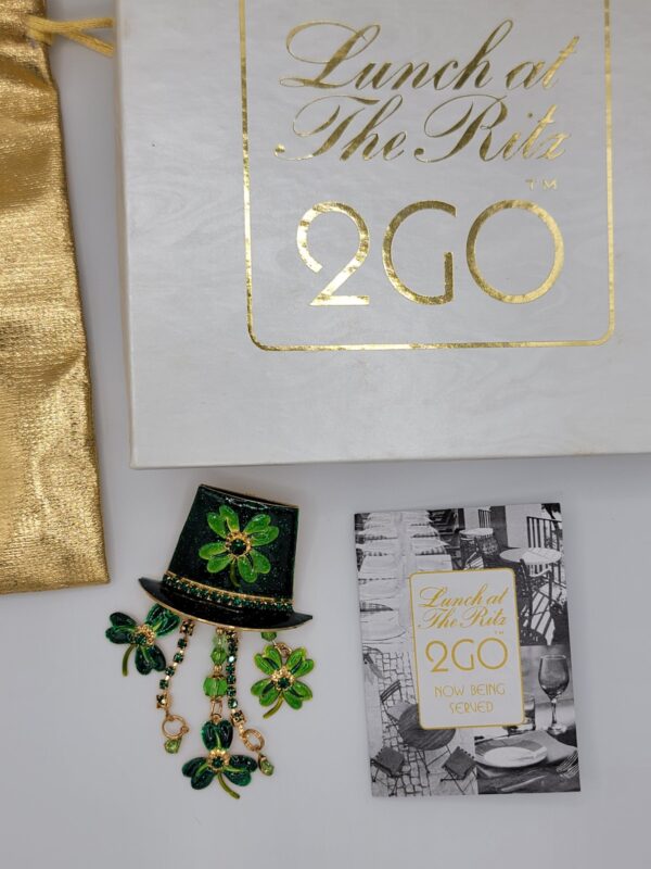 f6a0f81a-4aa9-43ba-b592-ecae234a804e.jpeg Lunch At The Ritz 2GO Green Top Hat Shamrock Clover Brooch Pendant St Patrick's