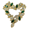 Monet Green and Clear Rhinestone Open Heart Brooch in Gold Tone