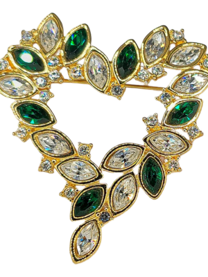 Monet Green and Clear Rhinestone Open Heart Brooch in Gold Tone