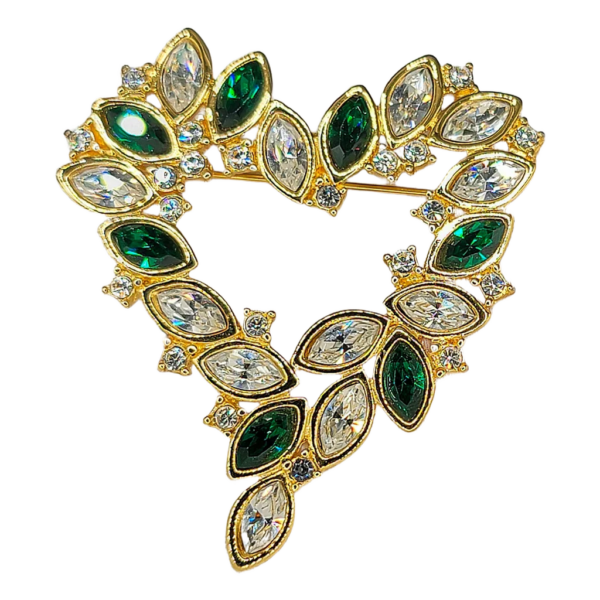Monet Green and Clear Rhinestone Open Heart Brooch in Gold Tone