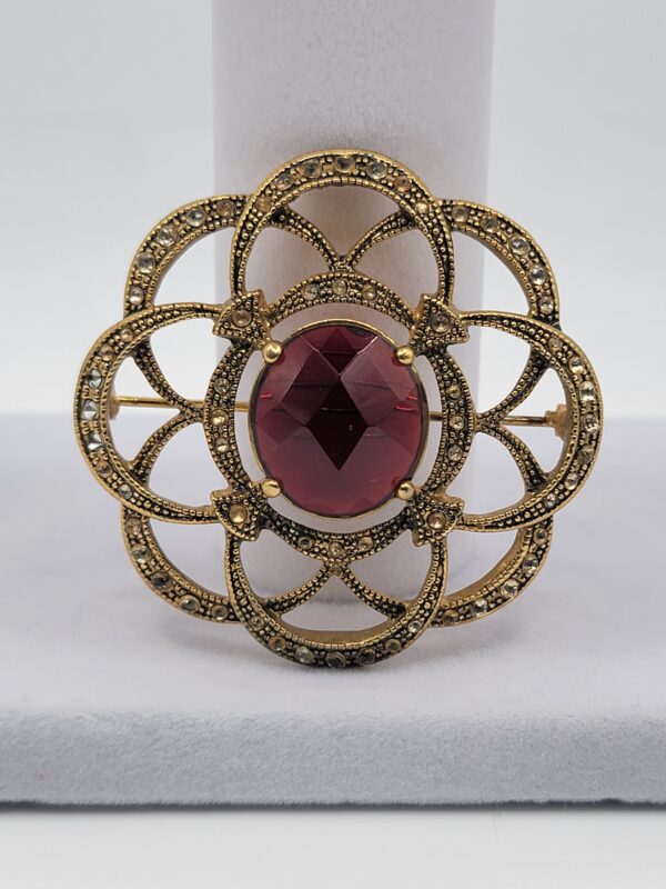 Monet Burgundy Faceted Accent Openwork Flower Brooch
