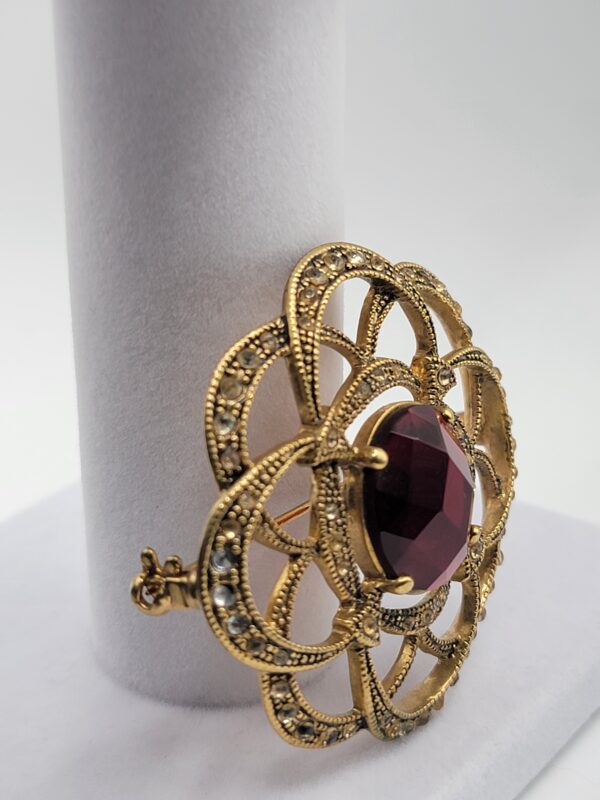 Monet Burgundy Faceted Accent Openwork Flower Brooch
