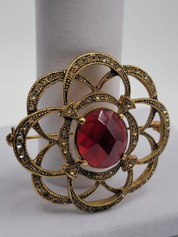 Monet Burgundy Faceted Accent Openwork Flower Brooch