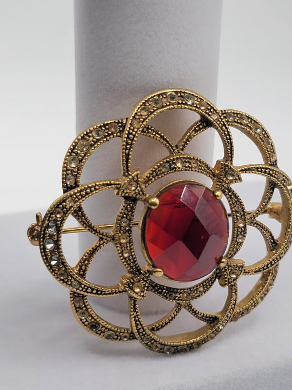 Monet Burgundy Faceted Accent Openwork Flower Brooch