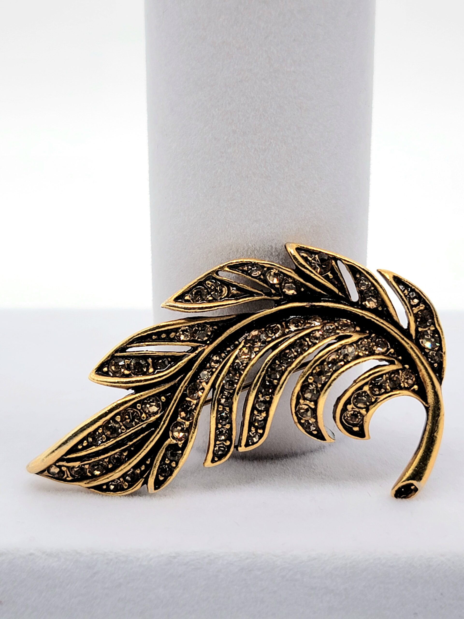 Vintage Gold Tone Textured Feather Leaf Brooch
