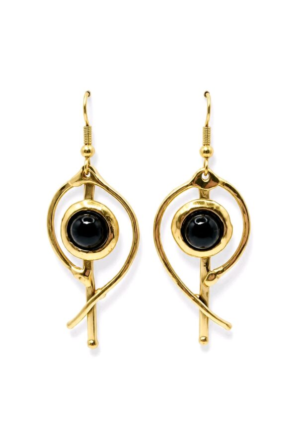 Gold Tone Black Bead Abstract Fish Dangle Earrings Vintage