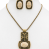 Vintage Antiqued Gold Tone Beige Cabochon Necklace Clip Earrings Set