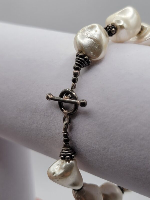 White Baroque Faux Pearl Toggle Bracelet Silver Tone