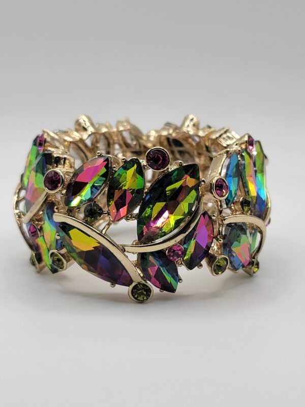 BRA-00003 (16) Multicolor Aurora Borealis Rhinestone Stretch Bracelet Gold Tone