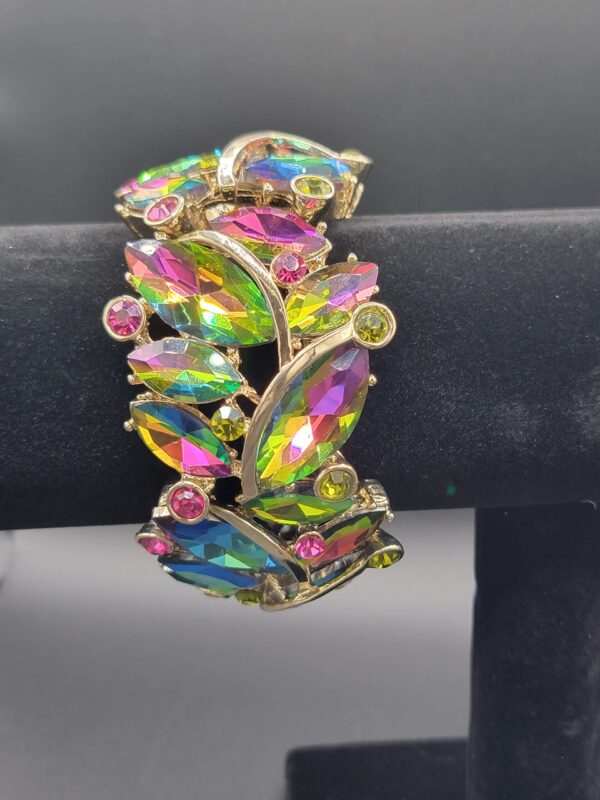 BRA-00003 (17) Multicolor Aurora Borealis Rhinestone Stretch Bracelet Gold Tone