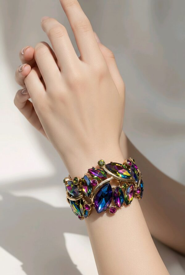 BRA-00003 (9) Multicolor Aurora Borealis Rhinestone Stretch Bracelet Gold Tone