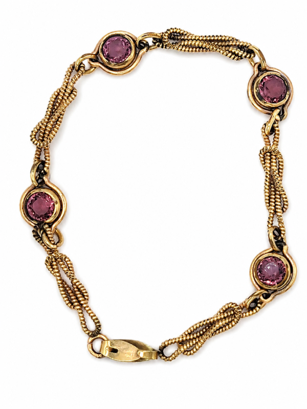 BRA-00005 (1) Vintage 1/20 12K Gold Filled light purple Glass Station Bracelet