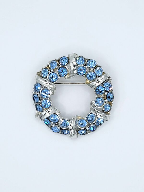 BRO-00001 (14) Light Blue Rhinestone Wreath Brooch | Silver Tone