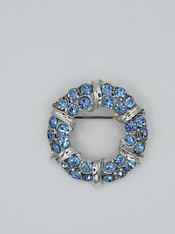 BRO-00001 (15) Light Blue Rhinestone Wreath Brooch | Silver Tone