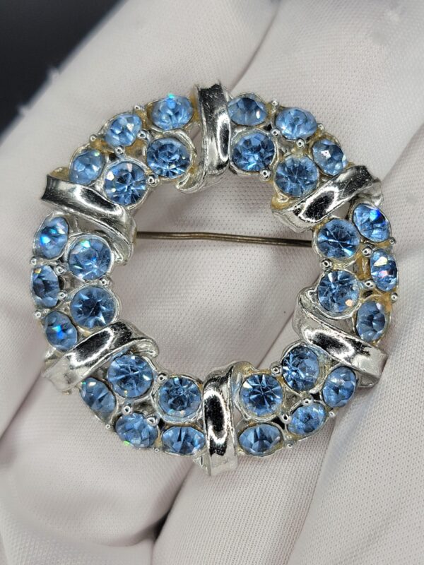 BRO-00001 (2) Light Blue Rhinestone Wreath Brooch | Silver Tone