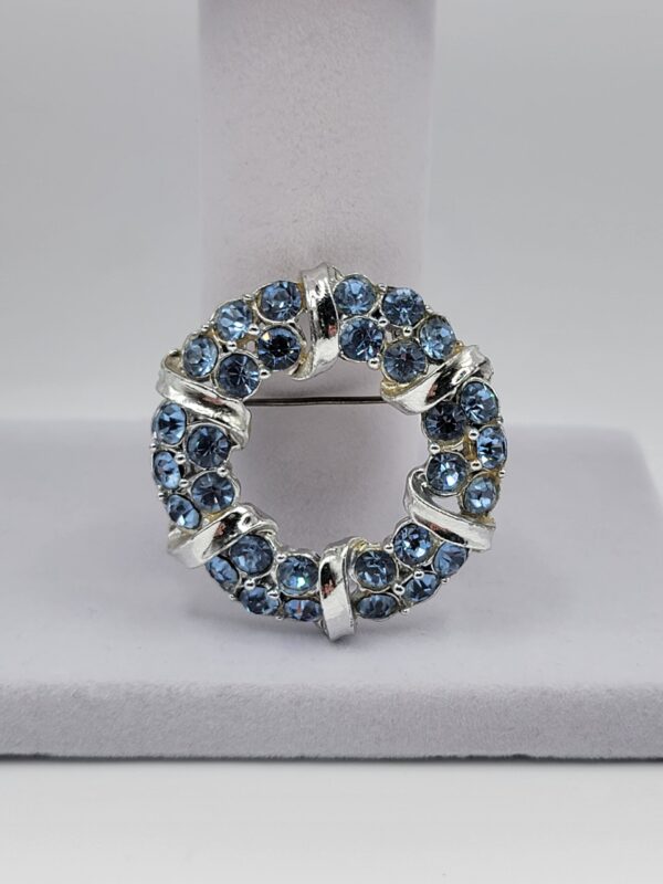 BRO-00001 (6) Light Blue Rhinestone Wreath Brooch | Silver Tone