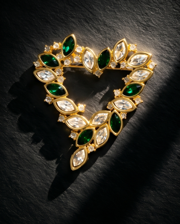 Monet Green and Clear Rhinestone Open Heart Brooch in Gold Tone