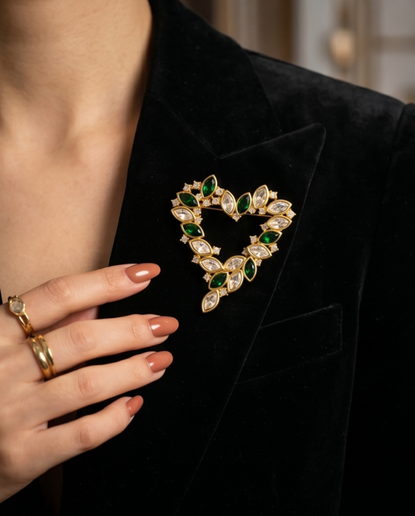 Monet Green and Clear Rhinestone Open Heart Brooch in Gold Tone