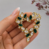 Monet Green and Clear Rhinestone Open Heart Brooch in Gold Tone
