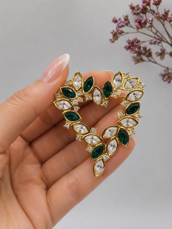 Monet Green and Clear Rhinestone Open Heart Brooch in Gold Tone