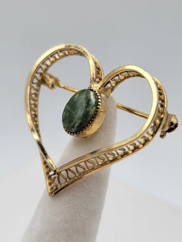 CARLA 12K Gold-Filled Open Heart Brooch with Green Oval Accent