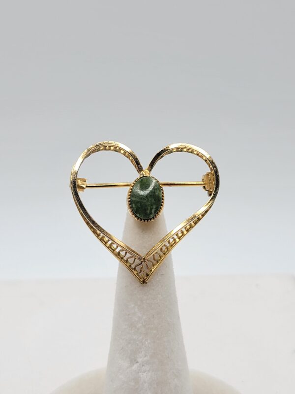 CARLA 12K Gold-Filled Open Heart Brooch with Green Oval Accent