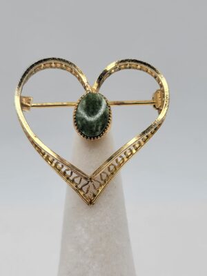 CARLA 12K Gold-Filled Open Heart Brooch with Green Oval Accent