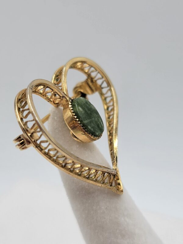 CARLA 12K Gold-Filled Open Heart Brooch with Green Oval Accent