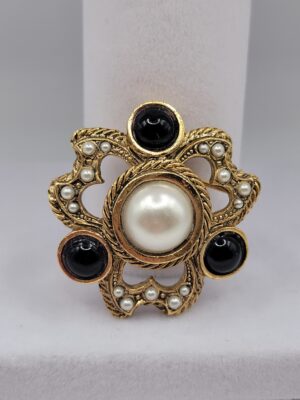 Vintage Black and White Faux Pearl Floral Brooch