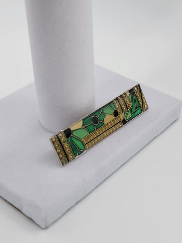 BRO-00020 (5) Art Deco Revival Green Enamel Geometric Bar Brooch