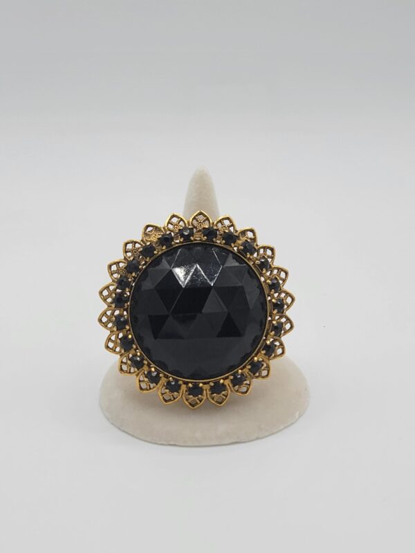 Vintage Black Faceted Glass Rhinestone Filigree Brooch Pendant