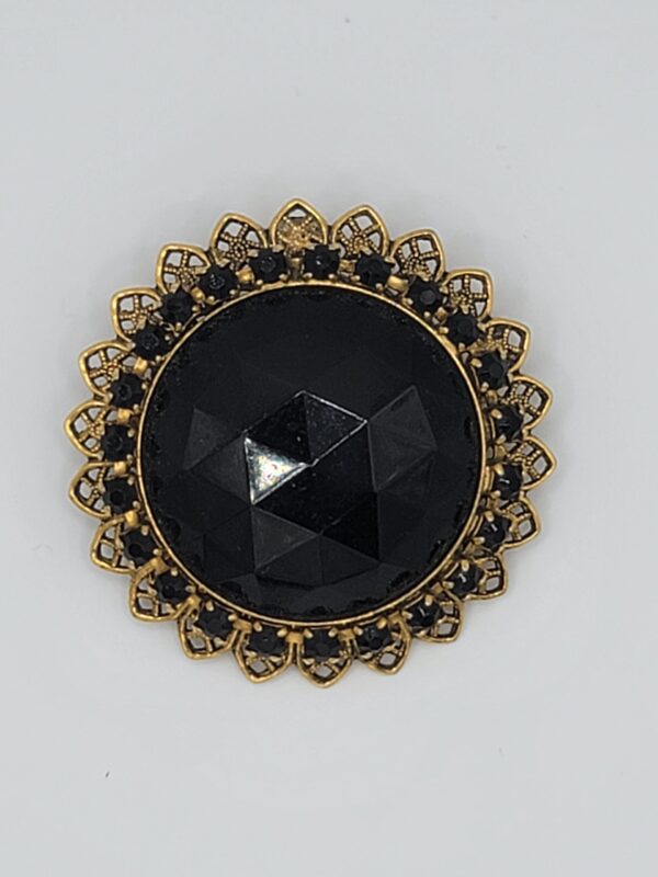 Vintage Black Faceted Glass Rhinestone Filigree Brooch Pendant