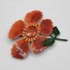 Vintage Orange Enamel Flower Brooch Green Leaves 3 Inch