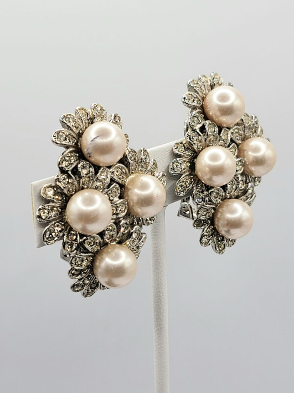Kenneth Jay Lane Faux Pearl Rhinestone Floral Clip Earrings Vintage