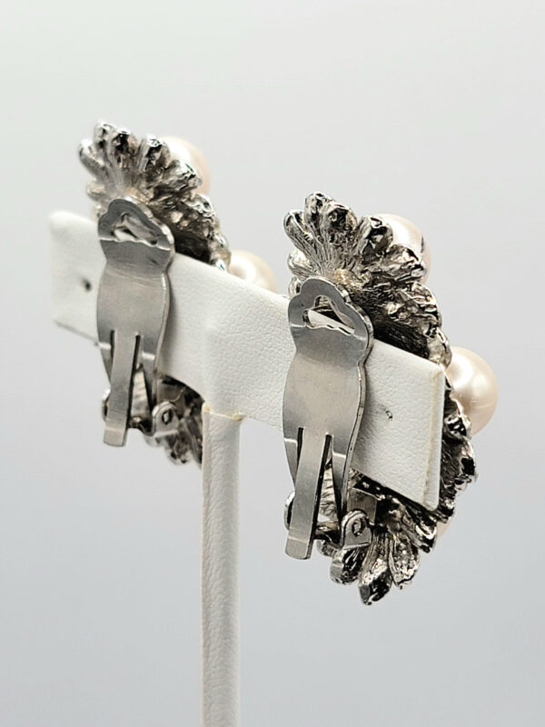 Kenneth Jay Lane Faux Pearl Rhinestone Floral Clip Earrings Vintage