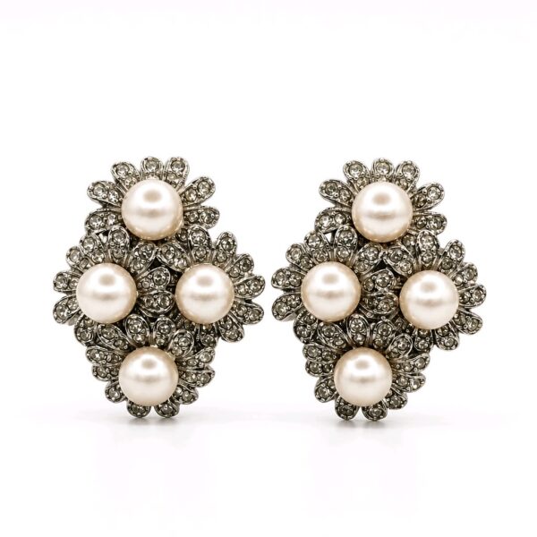 Kenneth Jay Lane Faux Pearl Rhinestone Floral Clip Earrings Vintage