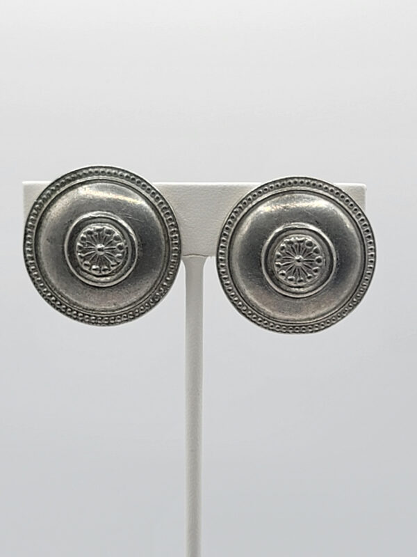 Ben Amun Silver Tone Round Medallion Clip Earrings Vintage