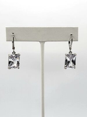 Clear Rectangular Crystal Silver Tone Dangle Earrings