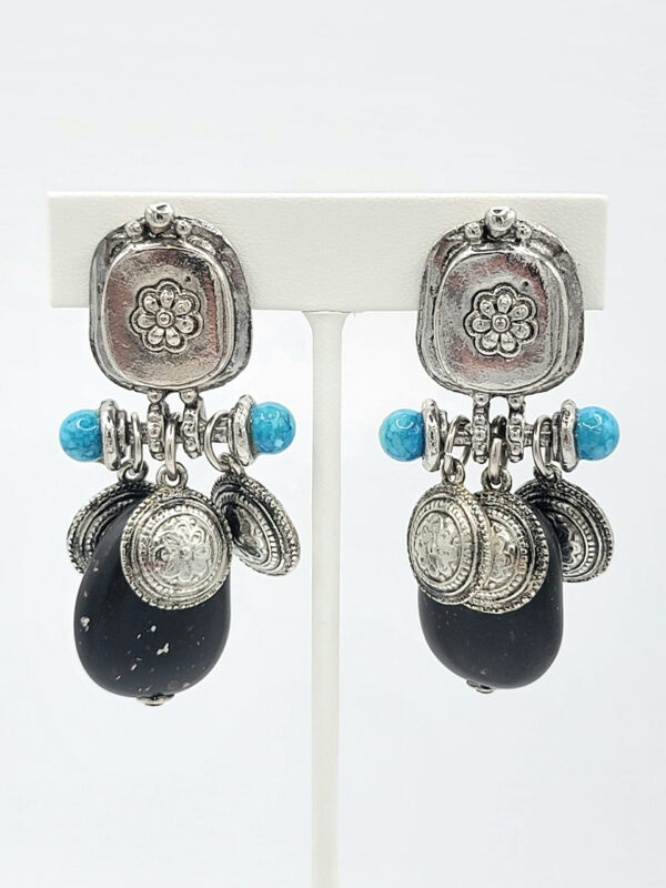 Dauplaise Silver Tone Turquoise Black Bead Clip Earrings