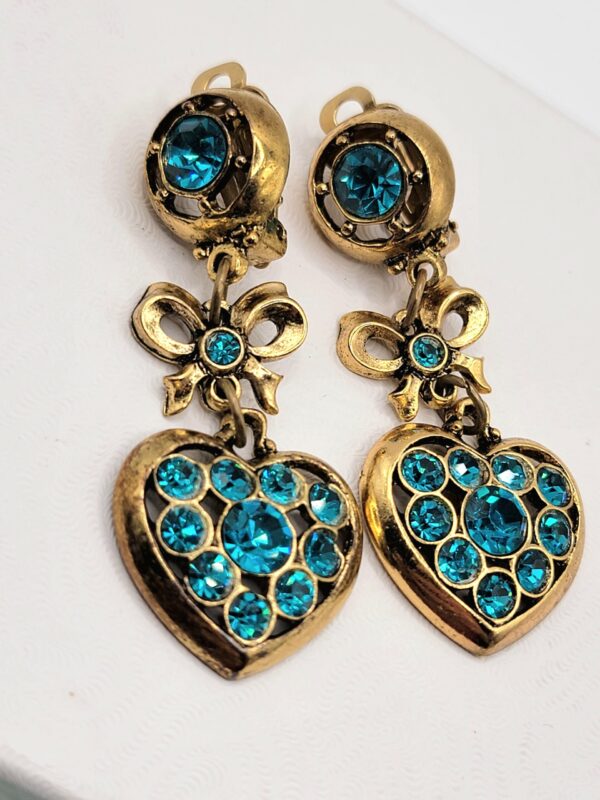 EAR-00018 (16) Vintage AGIL Israel Blue Rhinestone Heart Bow Clip Earrings