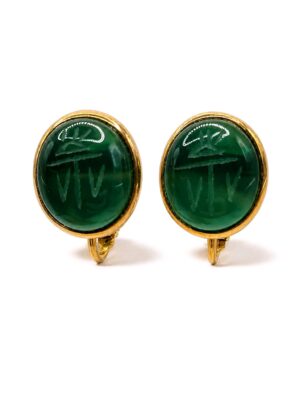 Green Intaglio-Style Gold-Tone Screw-Back Earrings