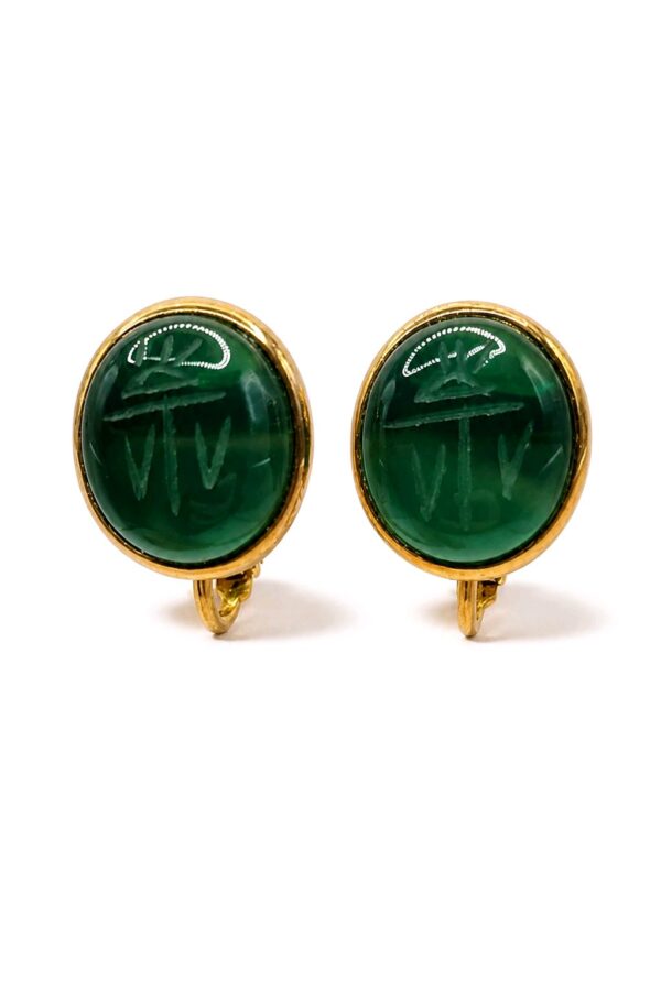 EAR-00024-WEB Green Intaglio-Style Gold-Tone Screw-Back Earrings
