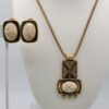 Vintage Antiqued Gold Tone Beige Cabochon Necklace Clip Earrings Set