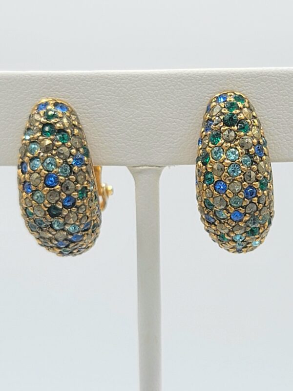 Les Bernard Blue Green Rhinestone Swirl Brooch and Clip Earrings Set