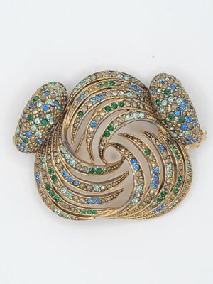 Les Bernard Blue Green Rhinestone Swirl Brooch and Clip Earrings Set