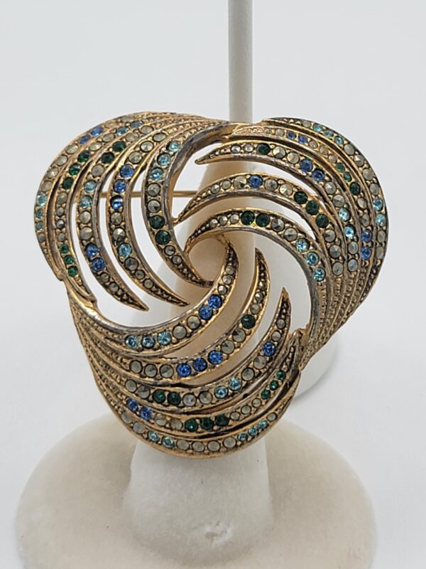 Les Bernard Blue Green Rhinestone Swirl Brooch and Clip Earrings Set