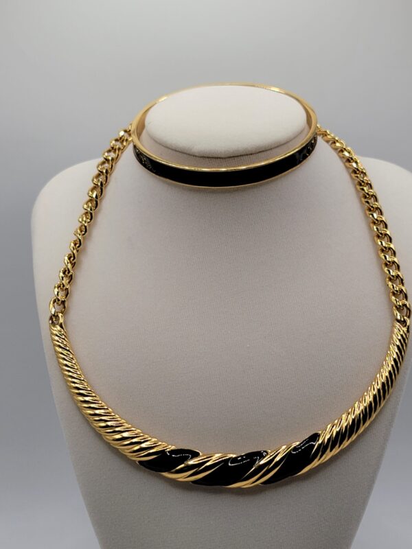 JEWST-00004 (3) 80's Vintage Monet Black Enamel Gold-Tone Necklace Earrings Bracelet Set