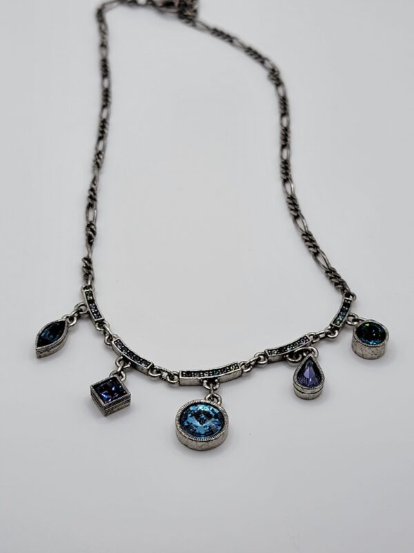 Patricia Locke Silver Tone Swarovski Crystal Drop Necklace 17" Blue Purple Signed