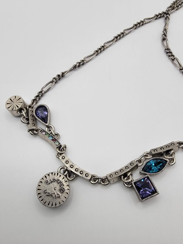 Patricia Locke Silver Tone Swarovski Crystal Drop Necklace 17" Blue Purple Signed